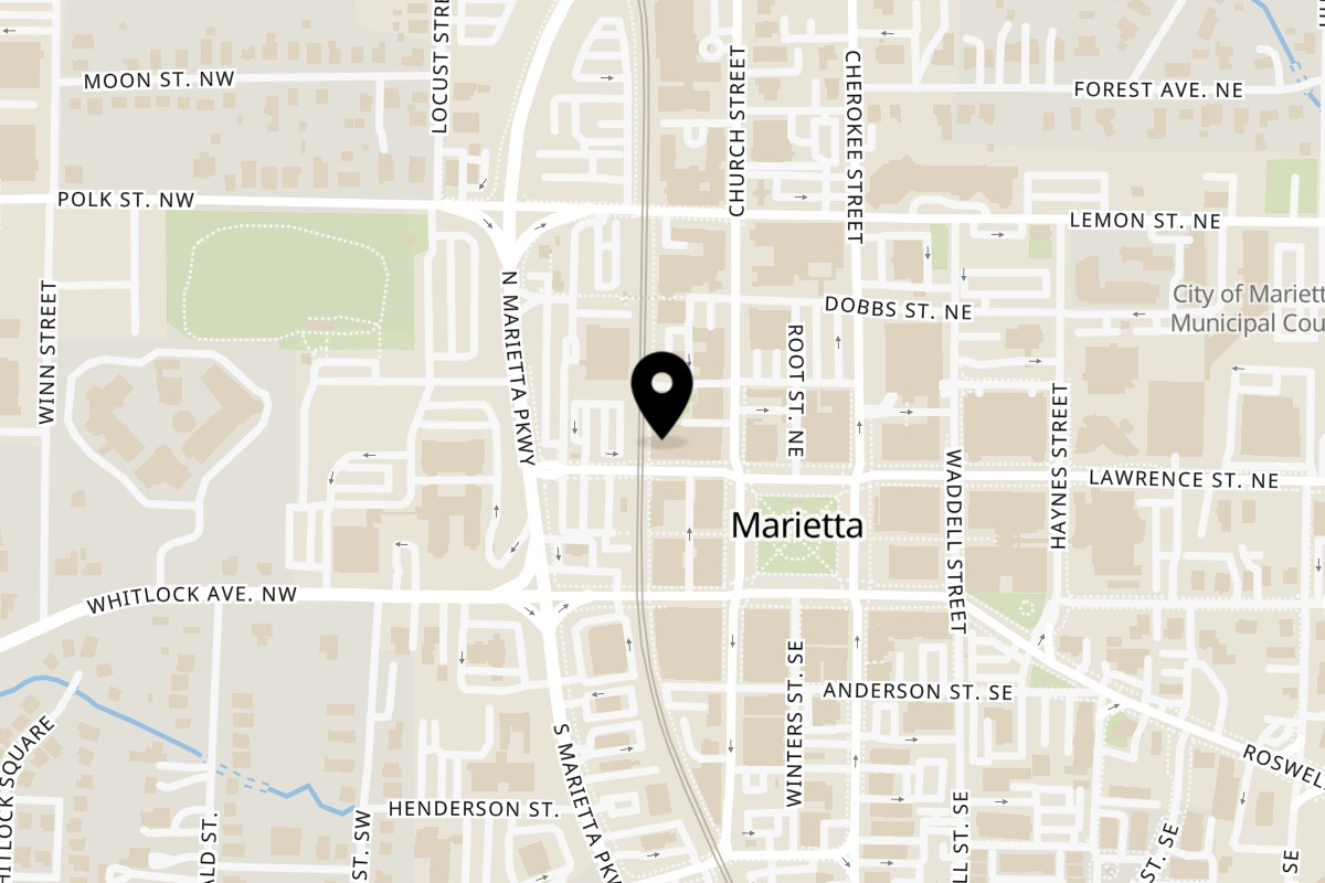 Map showing the location of Thaicoon & Sushi Bar on 34 Mill St in Marietta